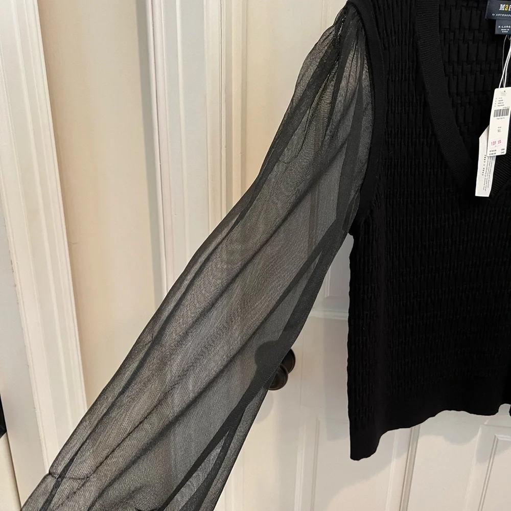 Anthropologie Tops | Maeve Anthropologie Sheer Sleeve Black Top - Picture 4 of 7